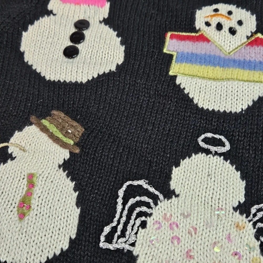 NEW Susan Bristol Embellished Beaded Snowmen Black Cardigan Sweater Medium